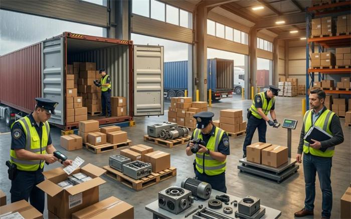 Customs officers inspecting cartons and commercial cargo inside a shipping container