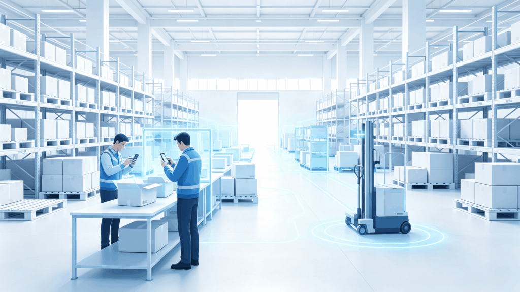 1688 consolidation warehouse workflow after “Arrived at Warehouse”, staff doing receiving check and quality inspection for cross‑border parcels, clean business logistics illustration