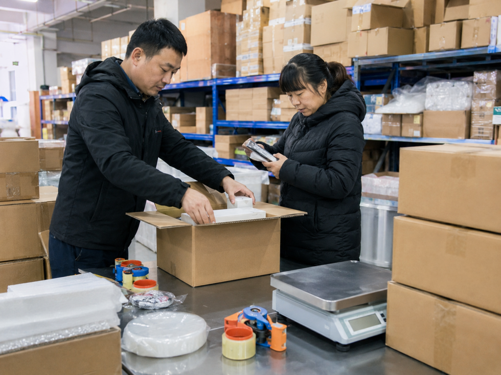China warehouse staff consolidating 1688 packages after confirming tracking numbers