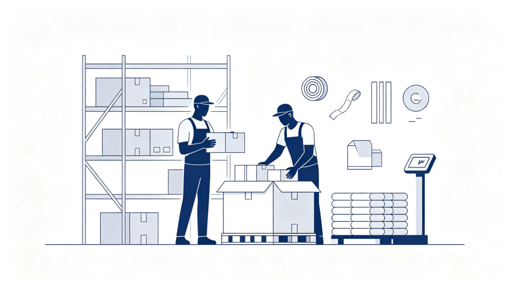 Clean business illustration of warehouse staff repacking parcels into one consolidated shipment