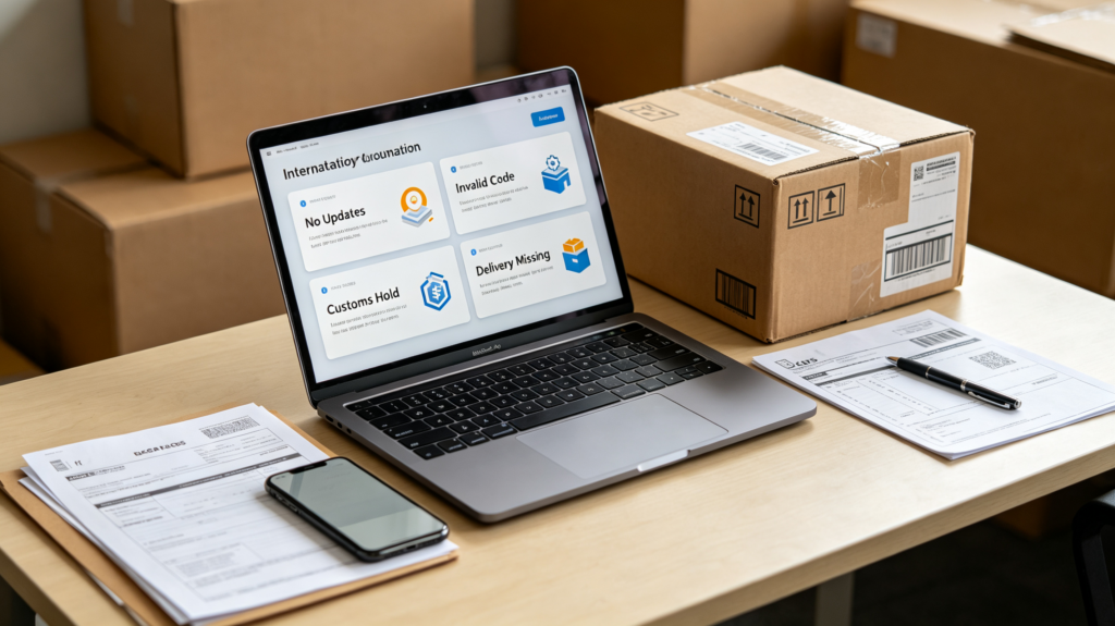 Common 1688 tracking issues displayed on a laptop screen with shipping documents and parcels
