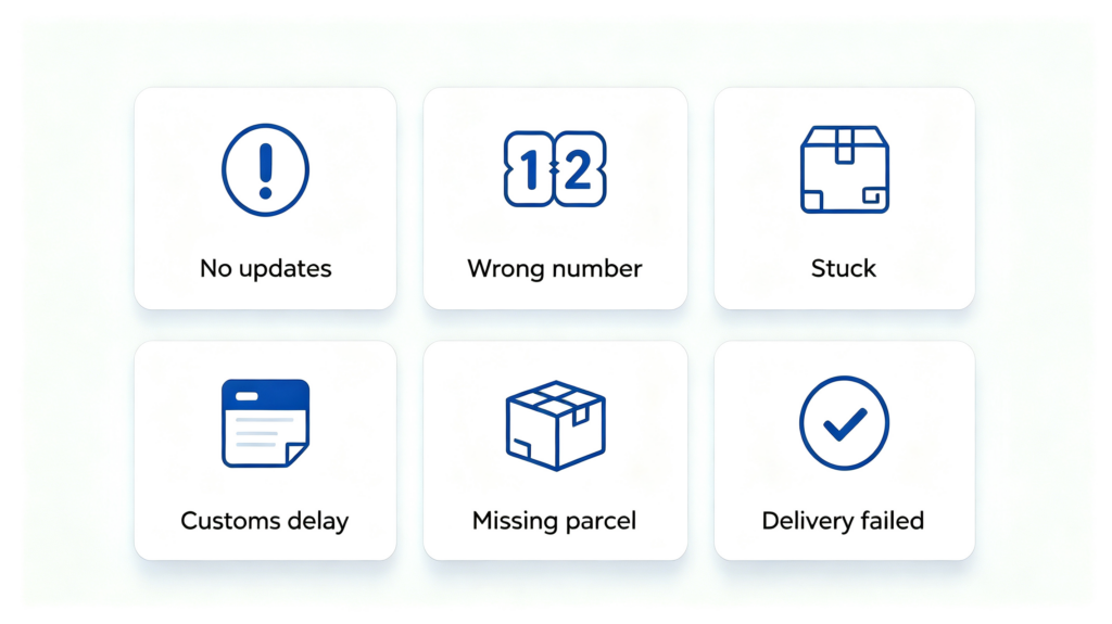 Common 1688 tracking issues: no updates, wrong number, stuck, customs delay, missing parcel, delivery failed