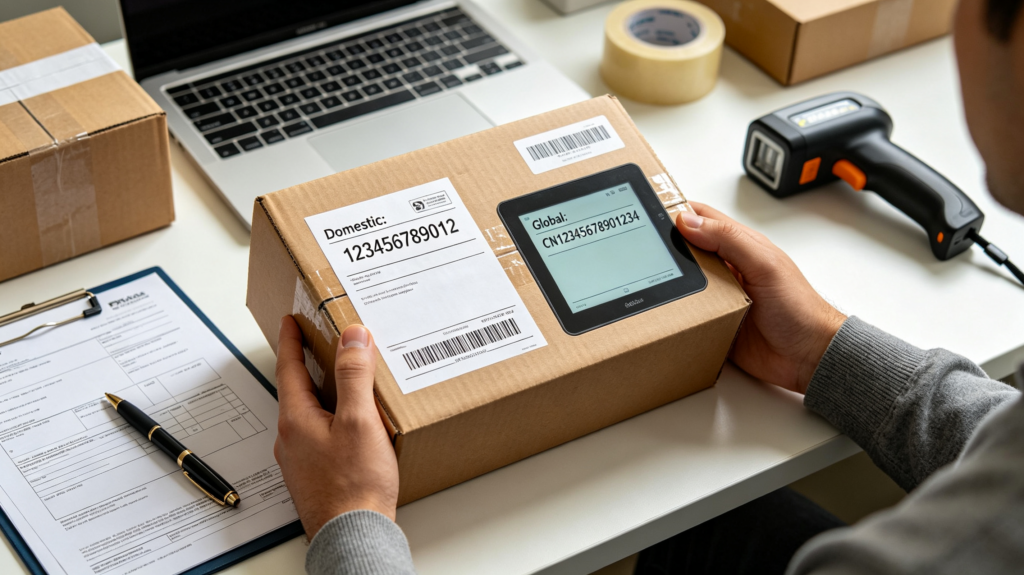 Domestic China tracking number and global tracking number shown on a shipping label and digital screen