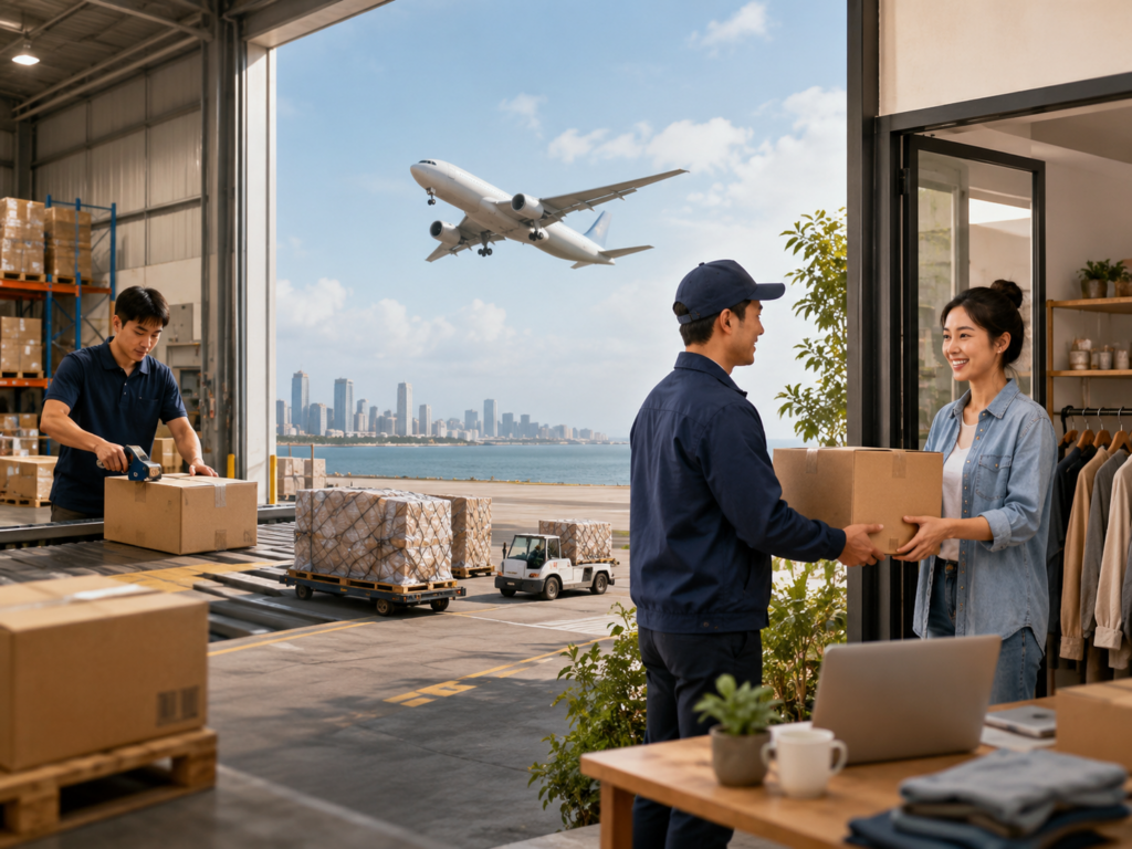 Door-to-door shipping from China showing DDP delivery process from warehouse to international customer