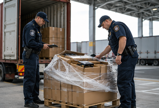 European customs officers inspecting imported cargo during DDP shipping from China