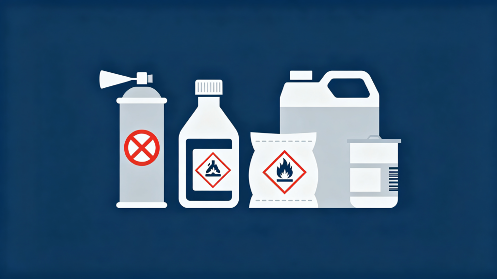 Flat business illustration of prohibited dangerous liquid and powder goods, warning icon combination, clean flat style, no text elements