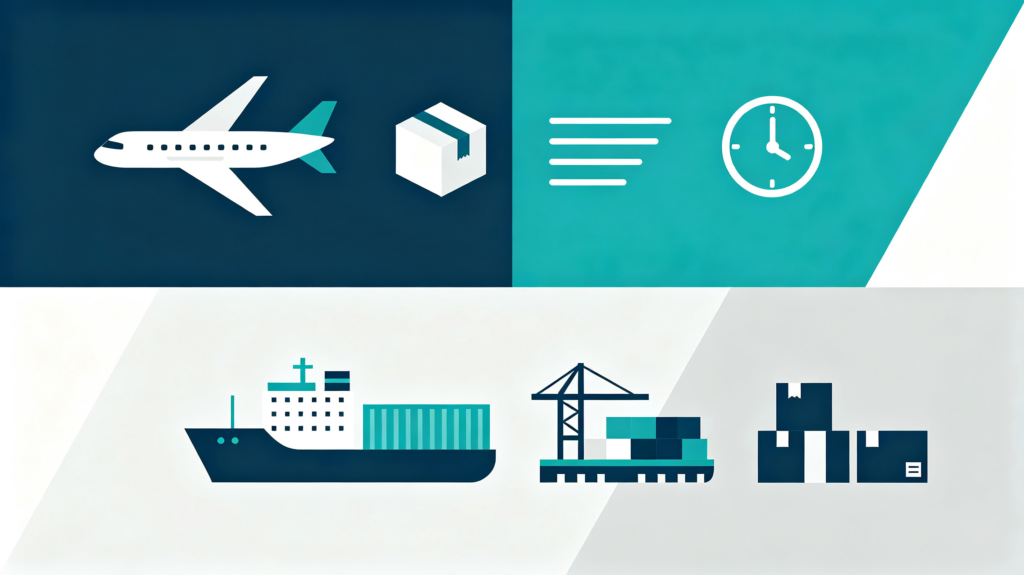 Flat commercial illustration of air freight and sea freight transport comparison, airplane and cargo ship icon scene, minimal flat design without text