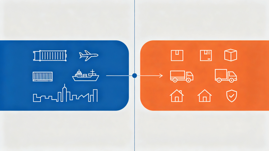 Flat comparison illustration showing the difference between DAP and DDP shipping terms with split layout, cargo icons, customs forms, tax documents and delivery symbols, no text