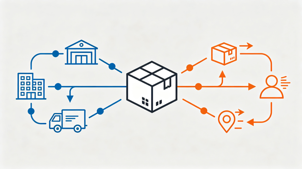 Flat decision flow illustration for choosing between DAP and DDP shipping based on order size, customs clearance capability and tax requirements, no text