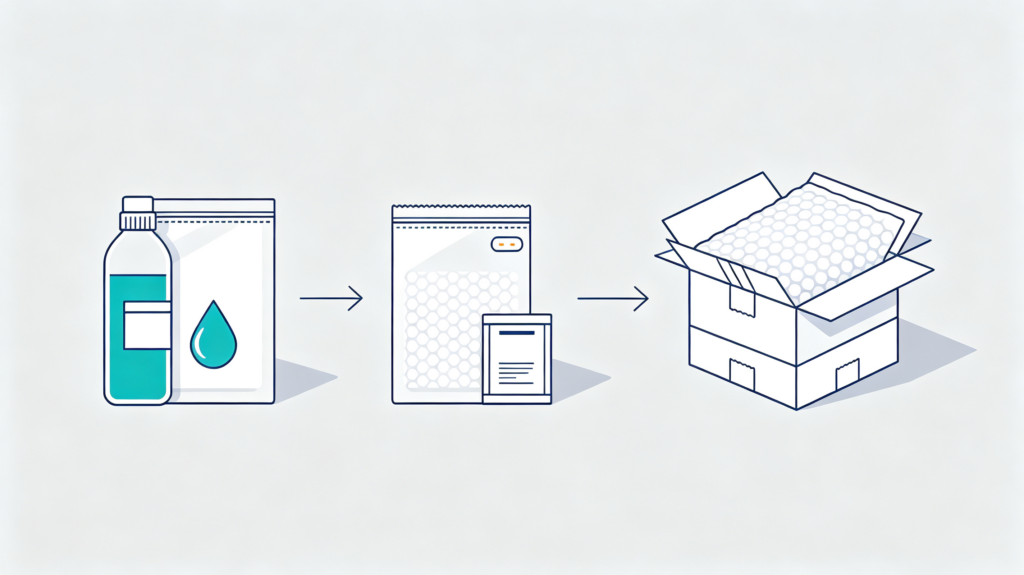 flat illustration of professional leakage-proof packaging process for liquids and powders, packaging material icons and protection workflow scene, no text