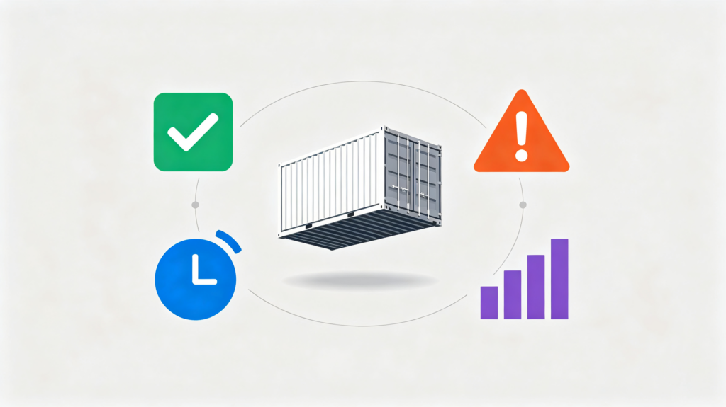 Flat logistics illustration showing advantages, disadvantages, costs and risks of DAP and DDP shipping with container, shield, warning, tax form and checklist icons, no text