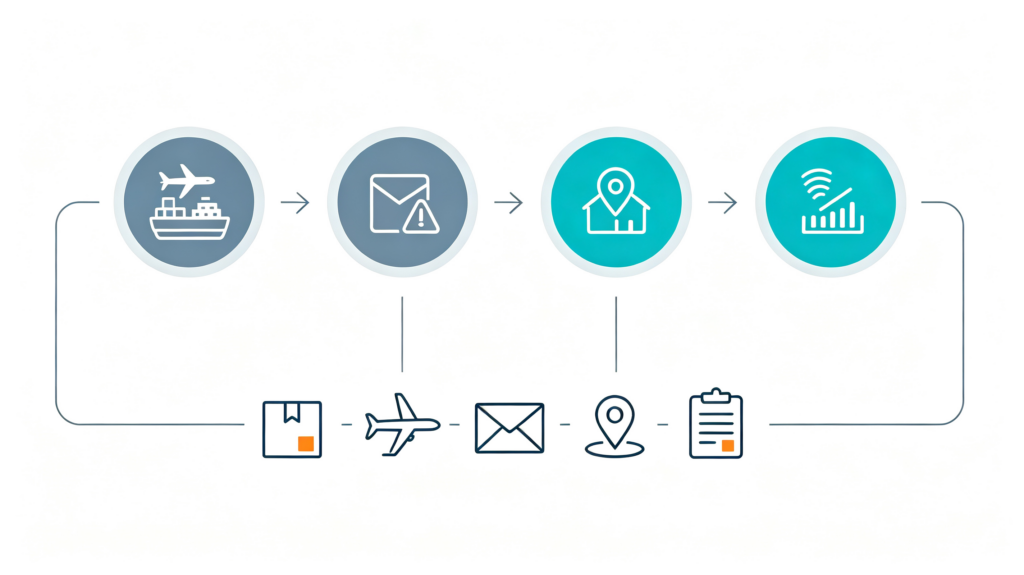 Minimal flat commercial infographic of troubleshooting steps for frozen international shipment tracking, abstract step icons only, no wording