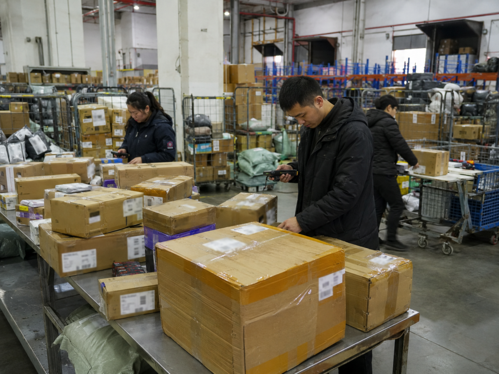 Multiple 1688 supplier packages being sorted and scanned after arriving at a China warehouse