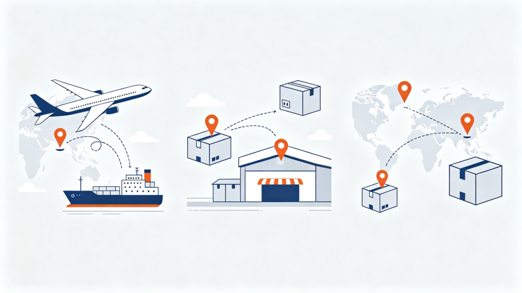 Professional vector graphic of international consolidated shipping from China to overseas warehouse