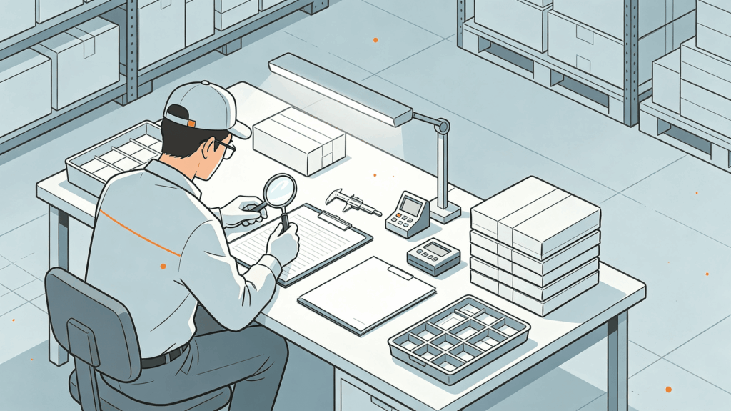 QC inspection workstation, inspector checking product quantity, appearance and packaging with measuring tools and magnifier, stacked wholesale goods beside the desk