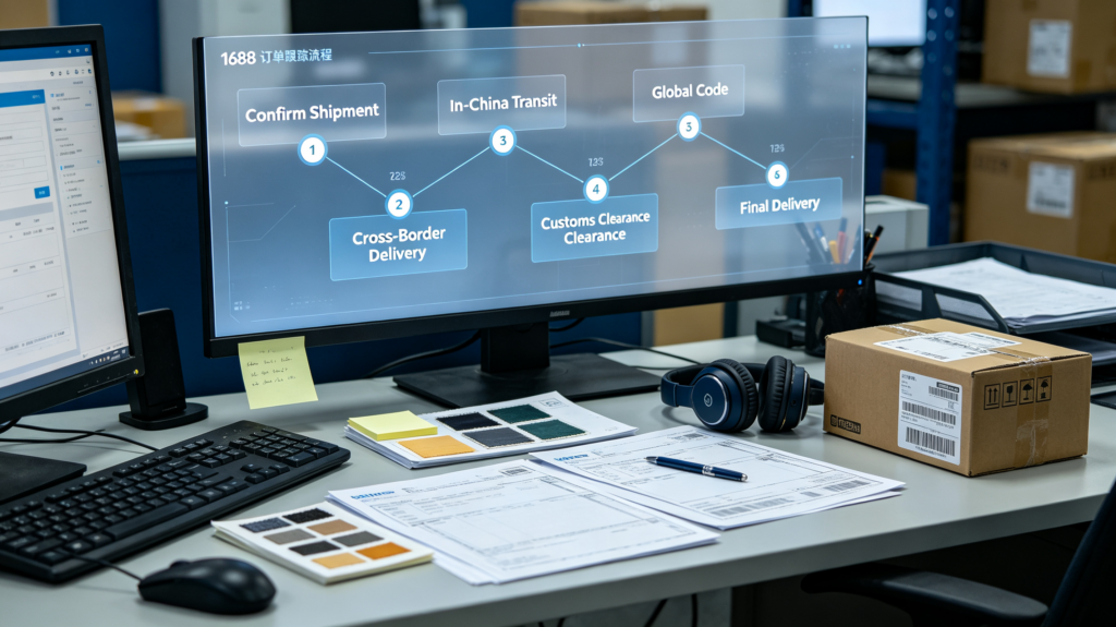 Realistic logistics control desk with six-stage 1688 tracking workflow on screen