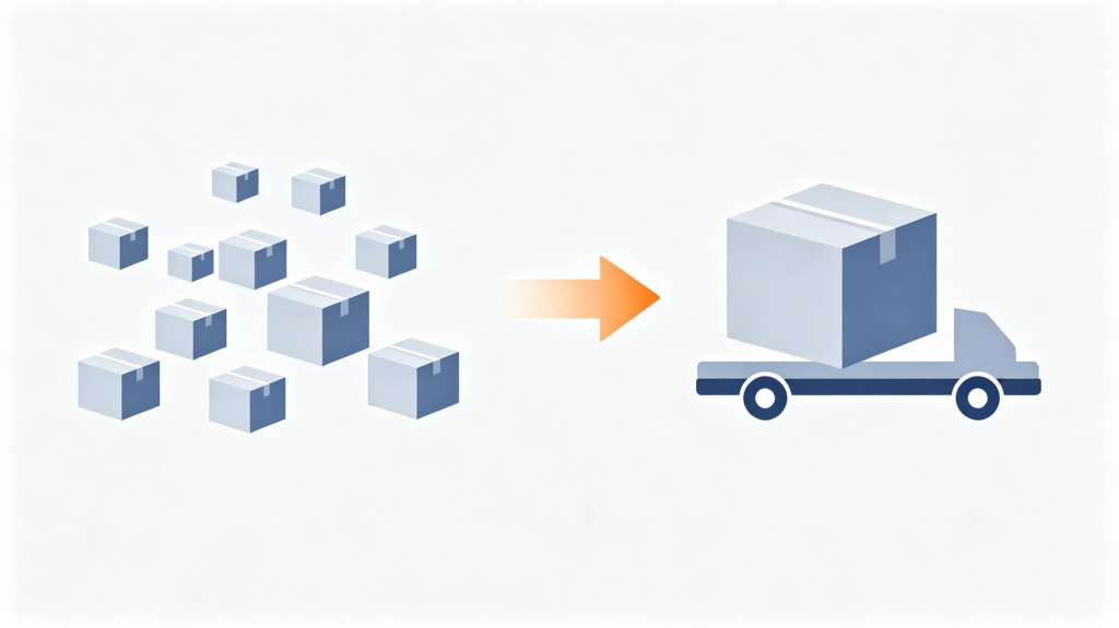 Simple logistics cost comparison graphic showing separate shipping versus consolidated shipping