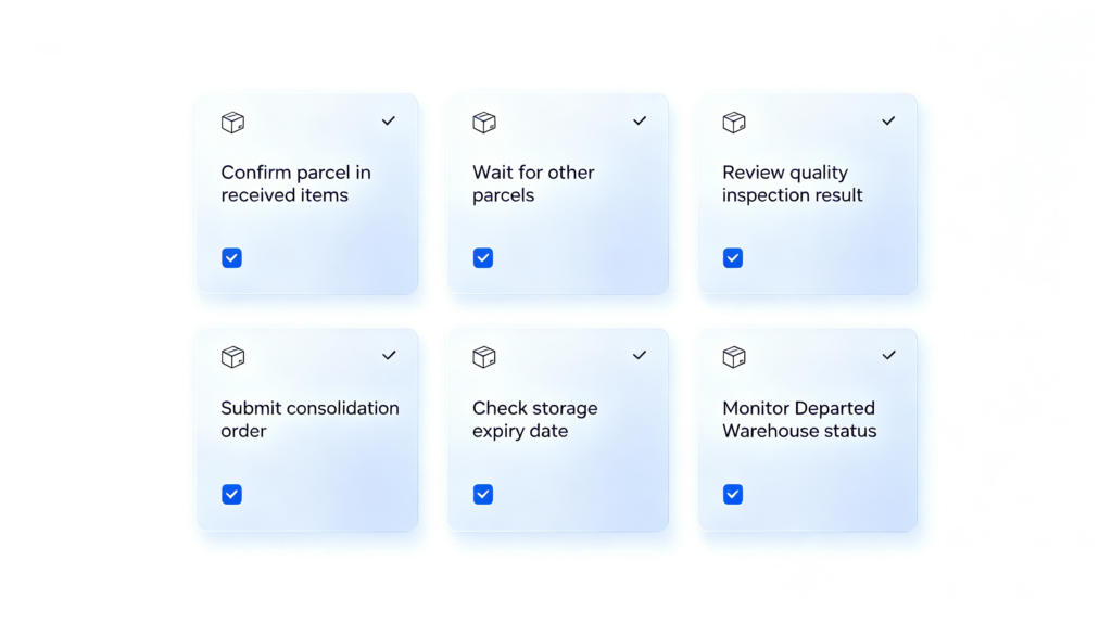 Six‑card minimal 1688 buyer checklist after “Arrived at Warehouse” tracking status, cool white light‑blue business logistics infographic