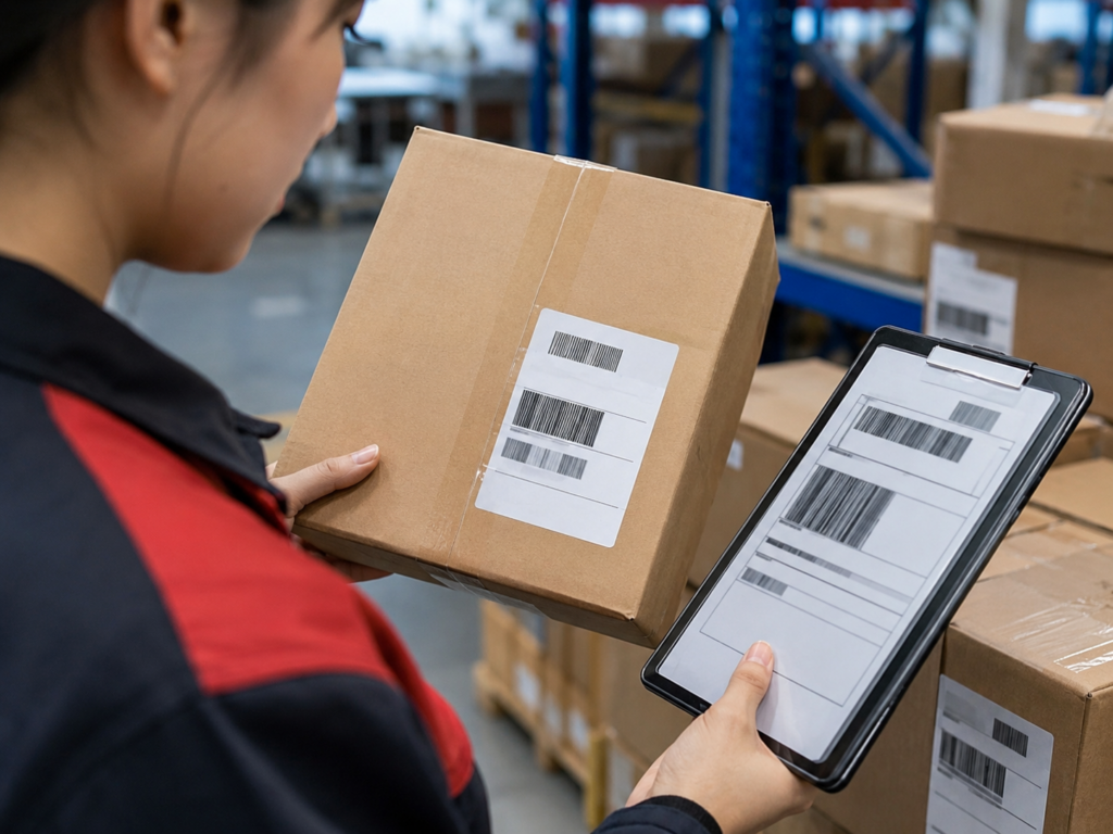 Warehouse staff checking a domestic courier label against an 1688 tracking number