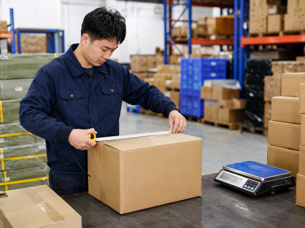 Warehouse worker measuring carton dimensions before calculating volumetric weight for DDP shipping