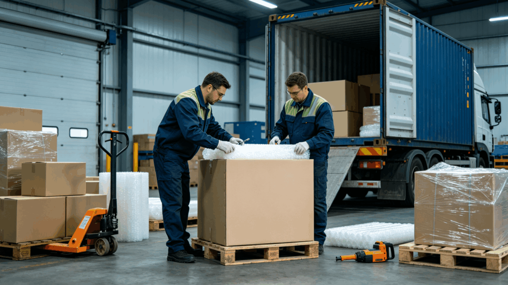 checking export‑ready carton packaging for international shipment, protective packing materials, warehouse background