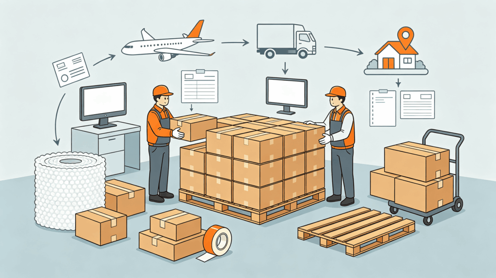 end-to-end cross-border logistics workflow, warehouse team finishing product inspection, consolidated repacking and export reinforcement, simplified airplane and truck icons for global delivery