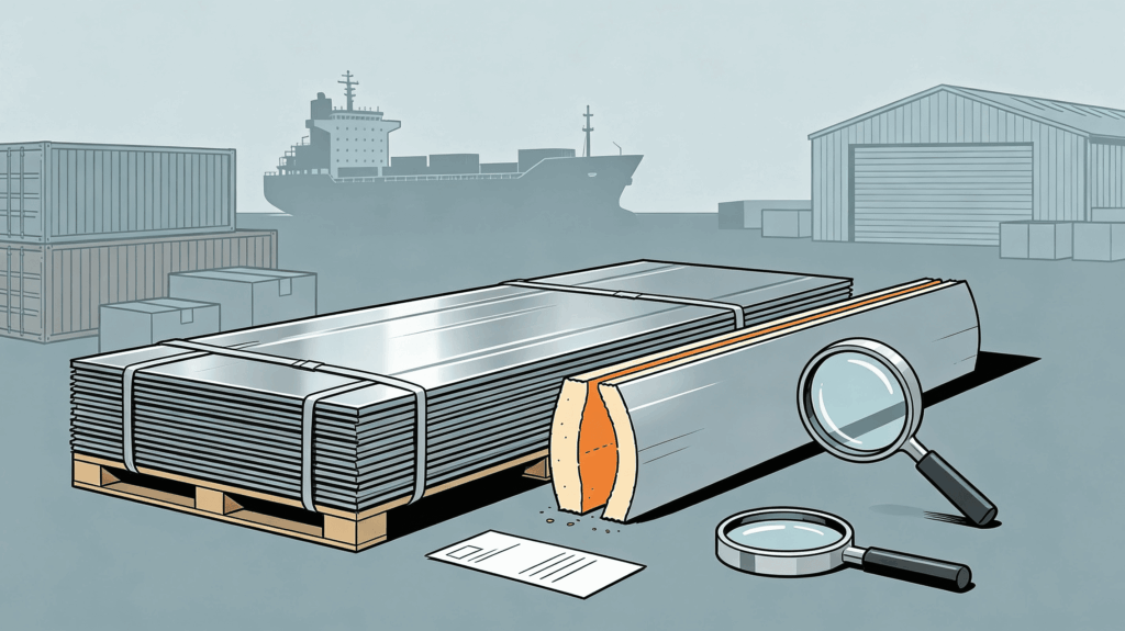 risk warning illustration for raw material fraud, staff testing metal sheets and discovering inconsistent inner materials, shipping container and cargo vessel outline in the background