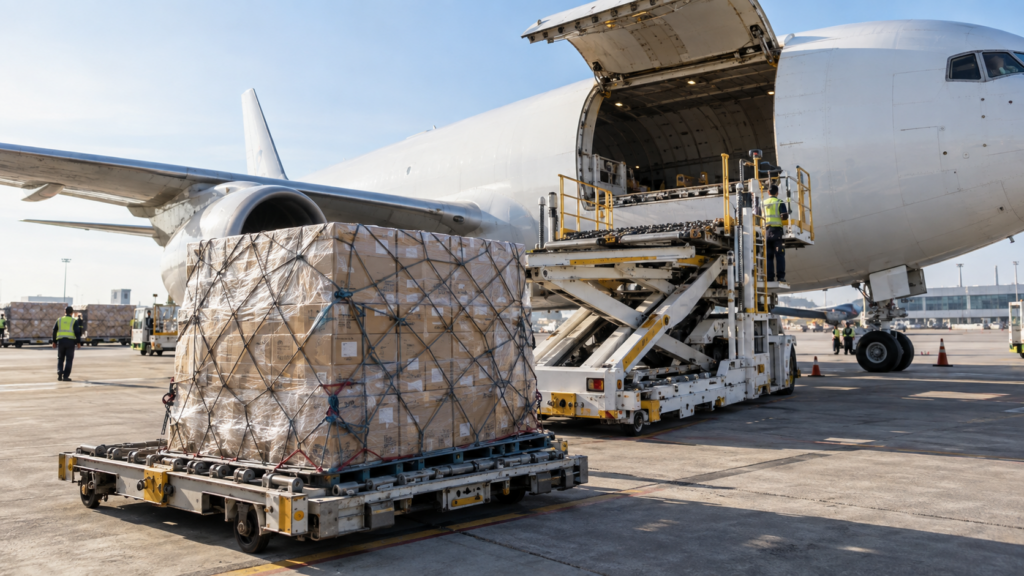 Air cargo pallet being loaded onto a freight aircraft for shipping from China to the UK