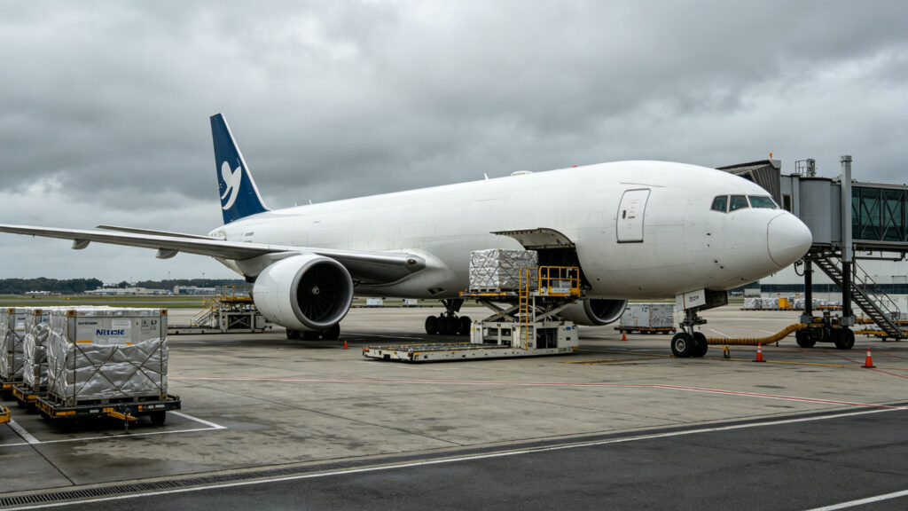 Cargo freight airplane parked at airport apron with cargo containers for air freight shipping