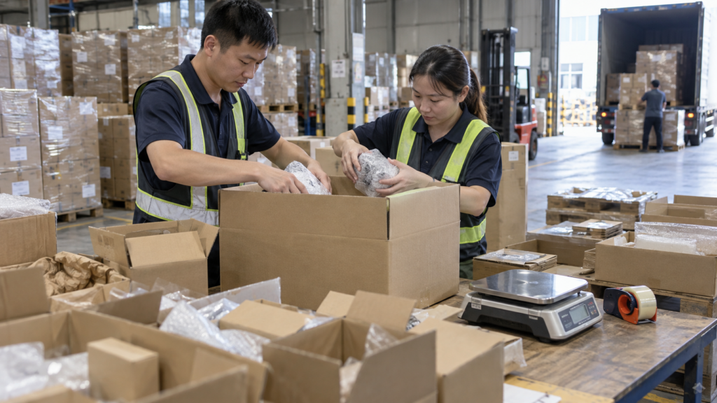 China warehouse staff consolidating multiple 1688 supplier packages for international shipping