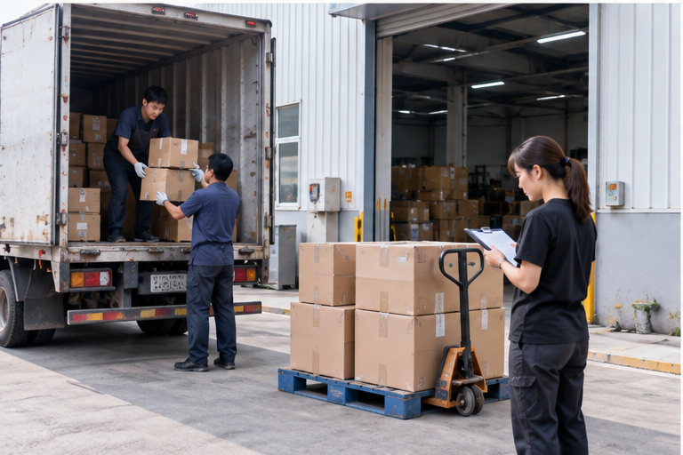 China warehouse staff receiving and checking cartons delivered from 1688 suppliers