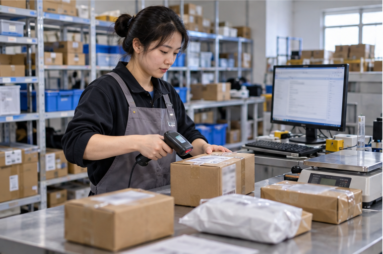 China warehouse staff receiving and scanning 1688 packages
