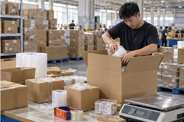 China warehouse worker consolidating multiple parcels for international shipping