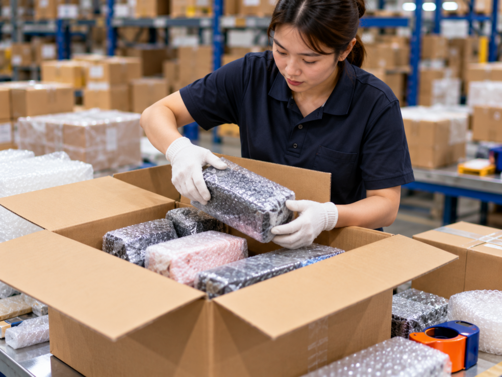 China warehouse worker inspecting and repacking products before international shipping