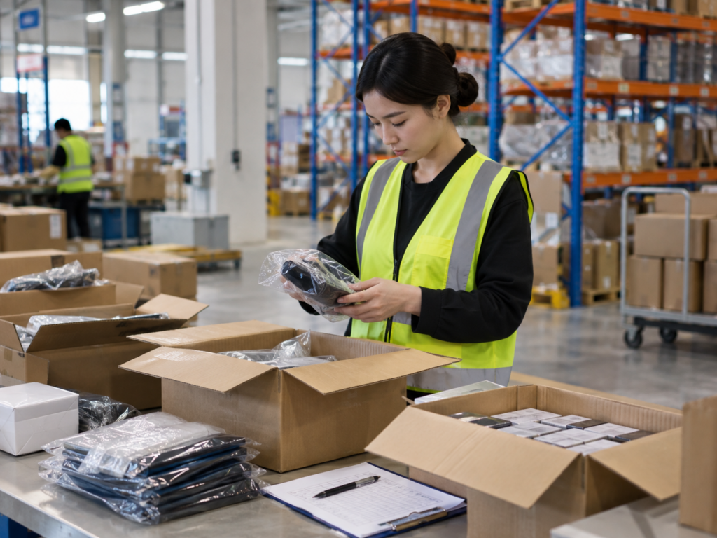 China warehouse worker inspecting received 1688 packages