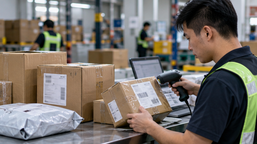 China warehouse worker matching incoming 1688 packages with domestic tracking numbers