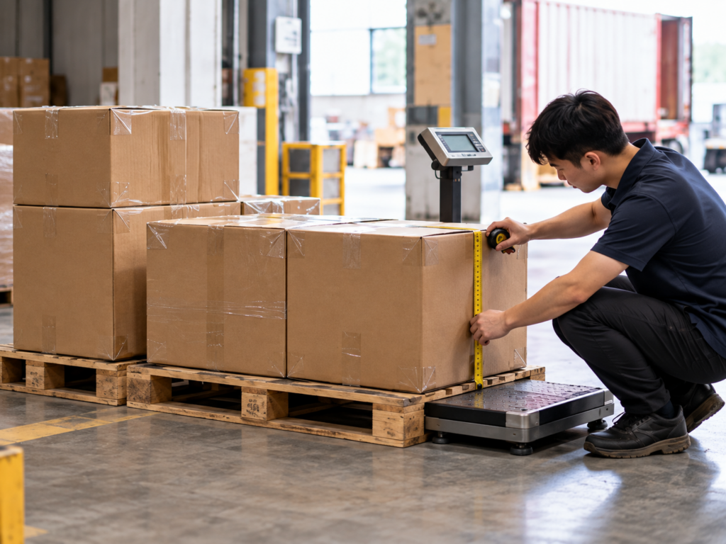 China warehouse worker measuring consolidated cartons before international shipping