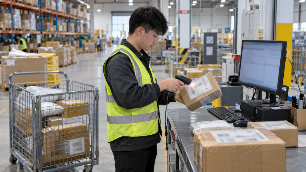 China warehouse worker scanning a 1688 package during warehouse receiving