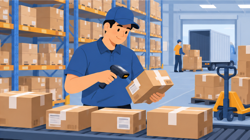 China warehouse worker scanning and sorting parcels after 1688 orders arrive