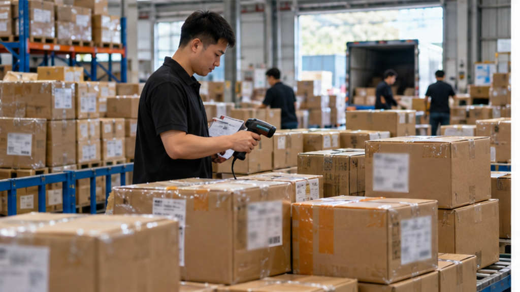 China warehouse worker scanning incoming parcels from multiple 1688 suppliers