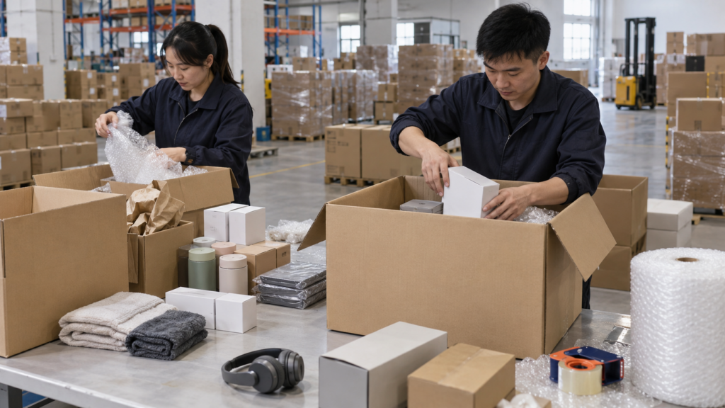 China warehouse workers consolidating multiple 1688 supplier packages into one shipment