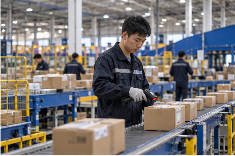 Chinese courier worker scanning parcels at a domestic sorting center