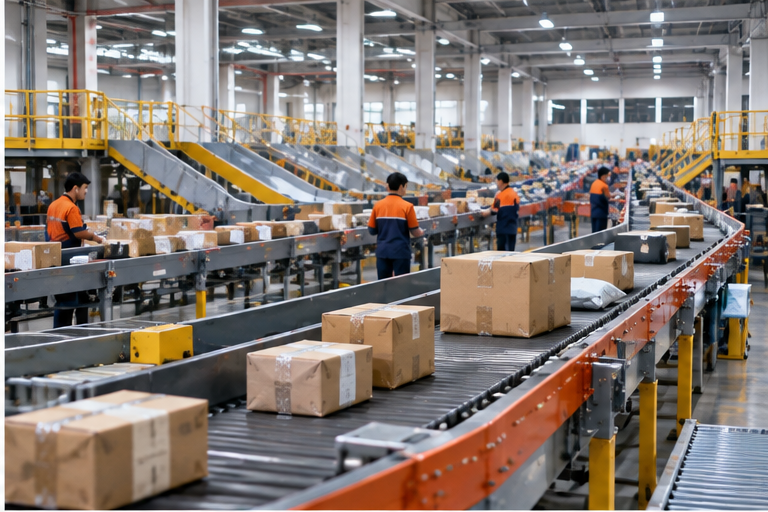 Chinese domestic courier sorting 1688 packages at a large logistics center