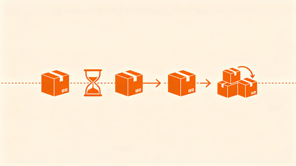 Flat illustration of recovery time options for a misplaced 1688 package: same-city re-delivery, cross-city transfer, return and reship, consolidated parcel