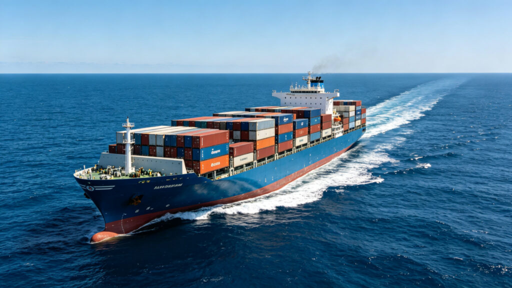 Large container cargo ship sailing through open ocean for sea freight transportation