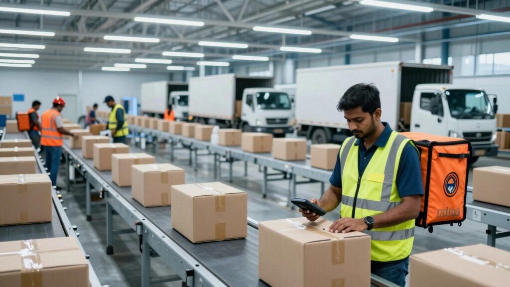 Local courier scanning an international parcel for last-mile delivery