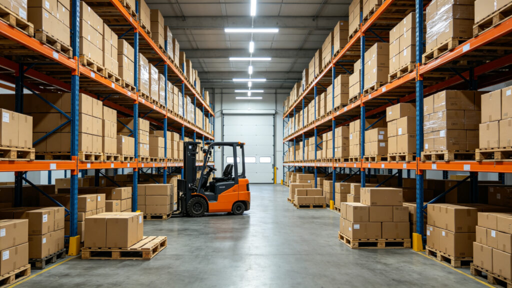 Modern logistics warehouse interior with stacked cardboard boxes on pallets and forklift for cargo consolidation