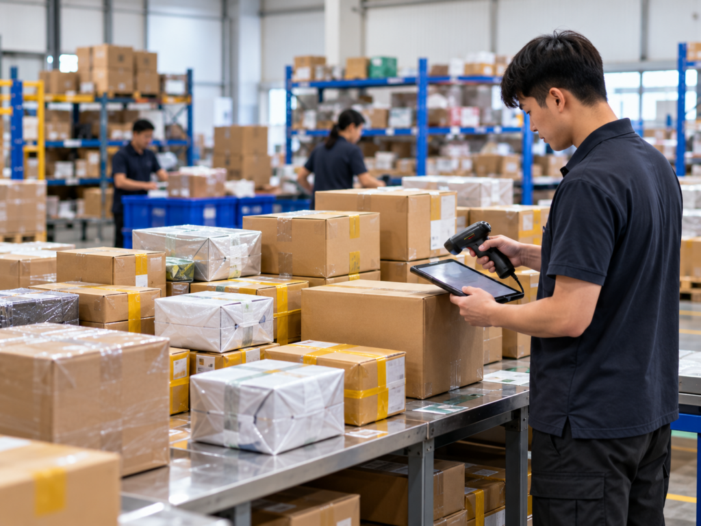 Multiple 1688 supplier parcels being scanned and received at a China warehouse