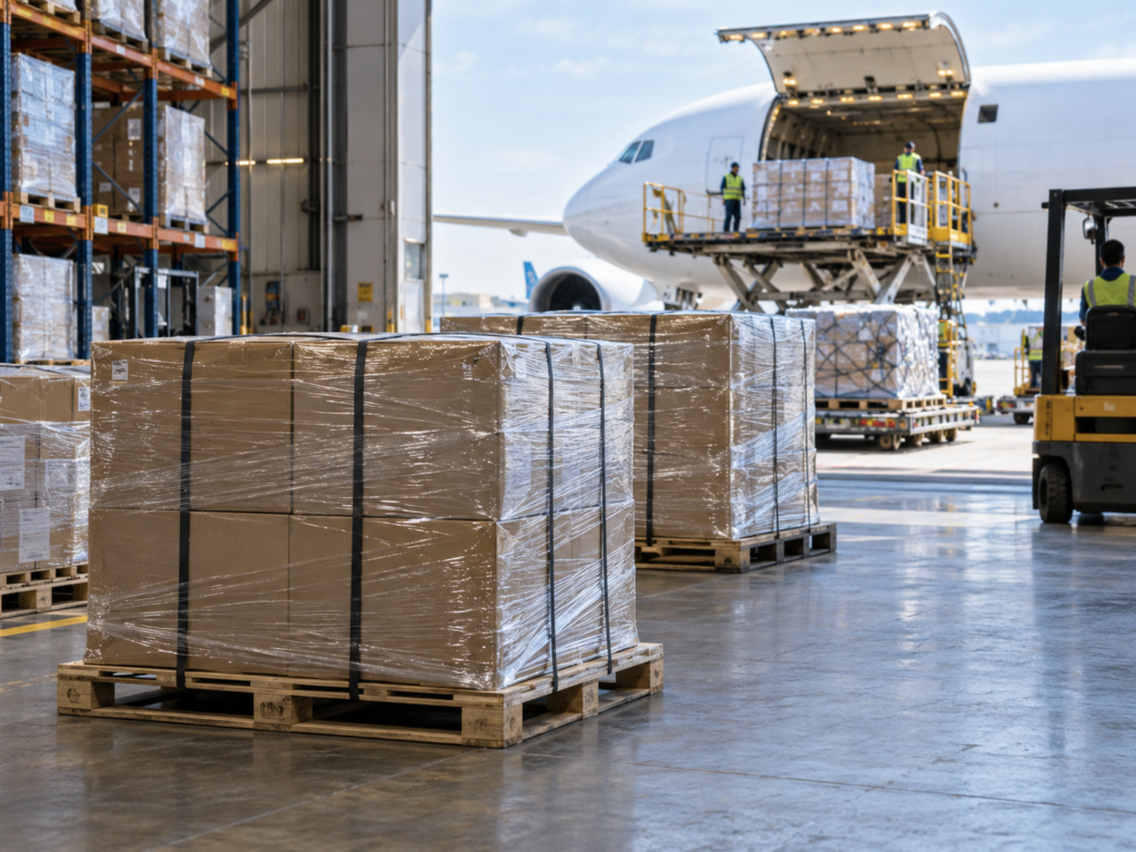 Palletized cargo prepared for international air freight shipping