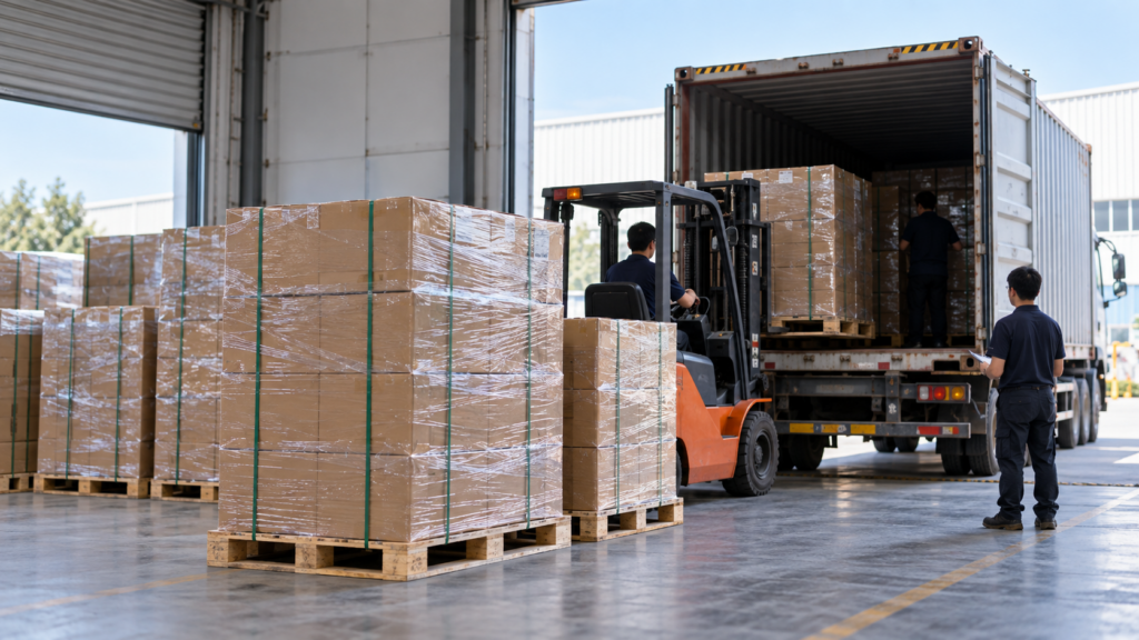 Palletized cartons being loaded for international shipping from a China warehouse